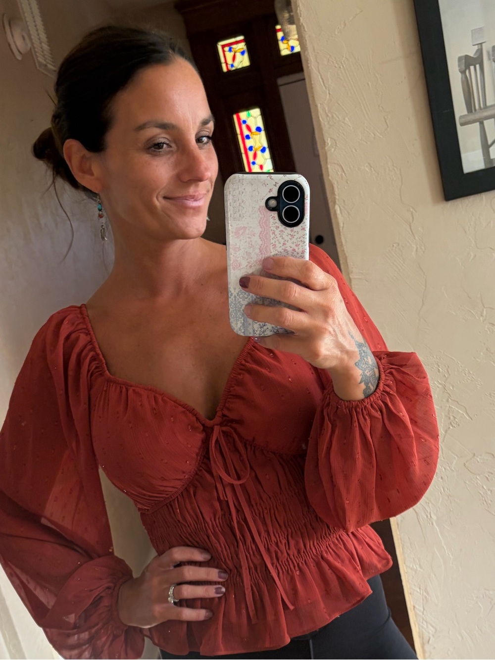 Express Rust Red Smocked Sheer Tie-Front Blouse